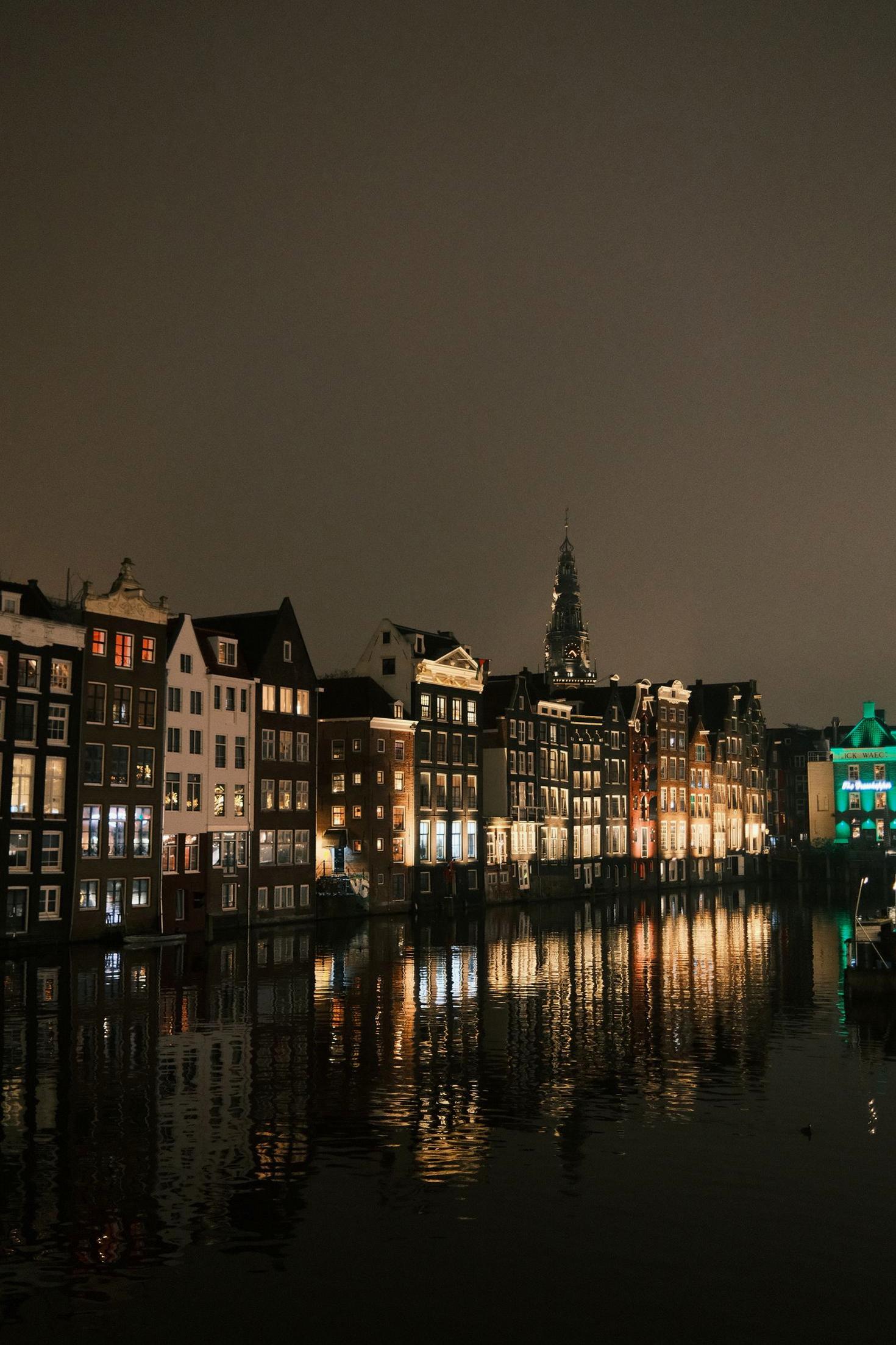 Twilight view of Amsterdam canal houses near Keizersgracht